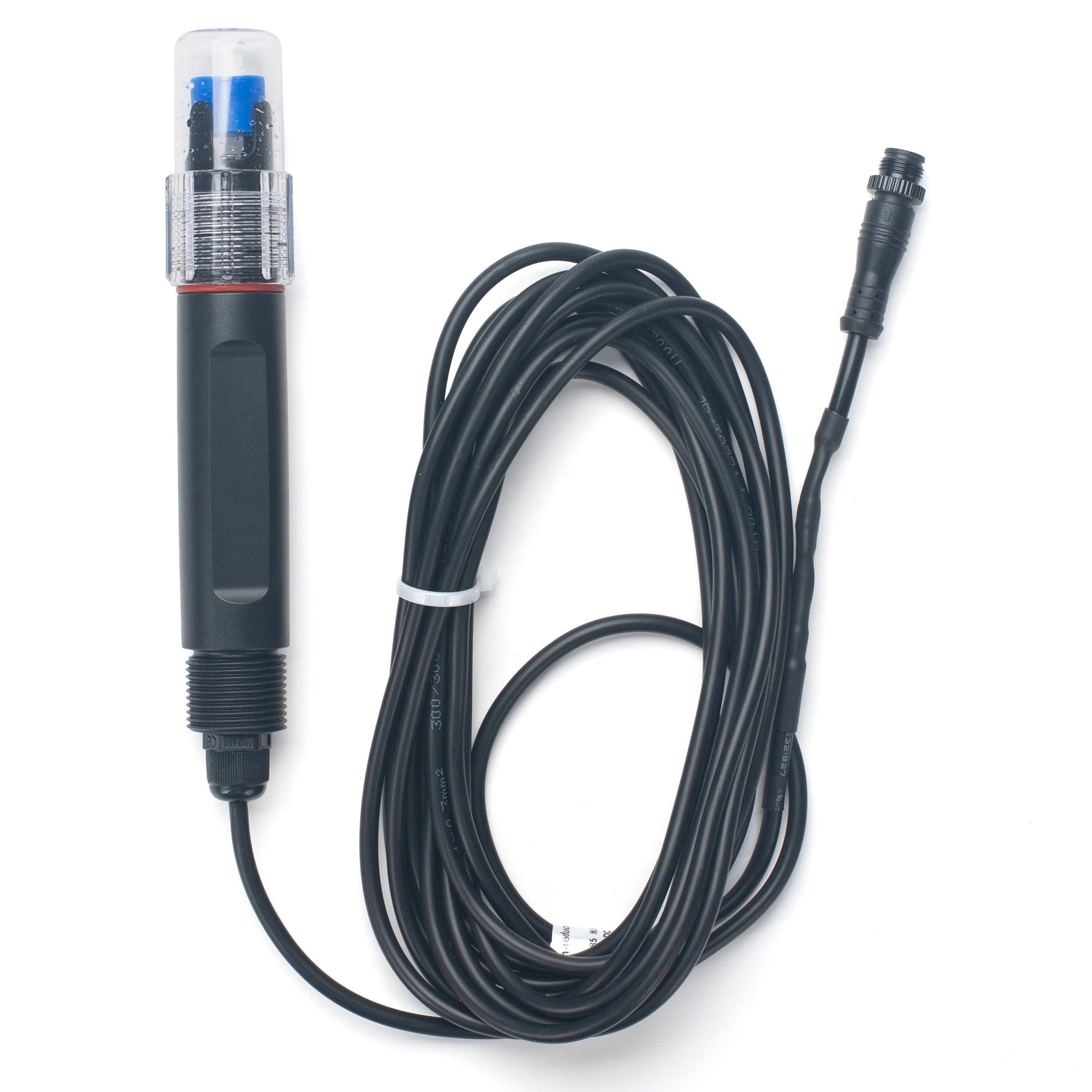 The DR-OPR1 ORP Redox-Sensor features a black cable with sensor probe, a Platin-Elektrode under a clear cap, and a long coiled wire ending in an RS485 connector.