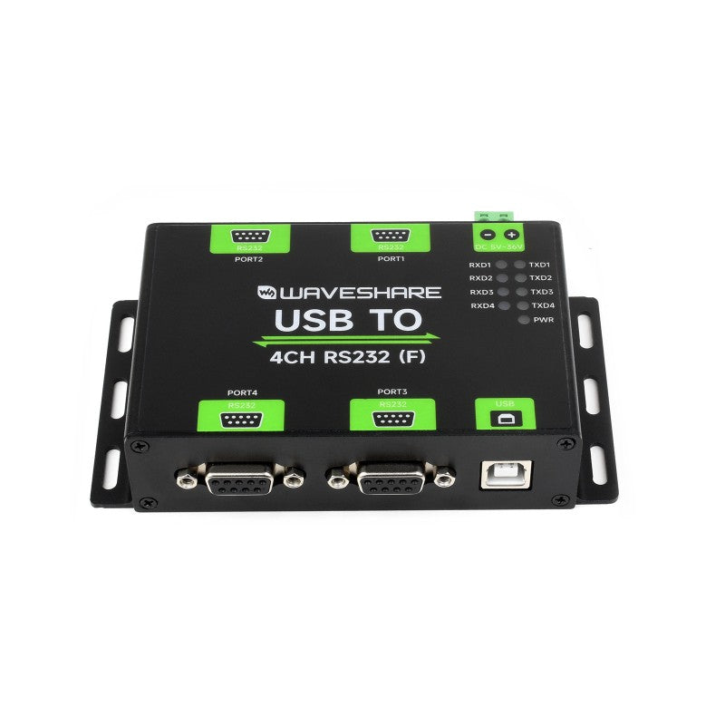 Schwarzer Waveshare Industrieller isolierter USB-zu-4-Kanal-RS232-Konverter mit Steckeranschluss, beschrifteten Ports und Statusanzeigen auf weißem Hintergrund.