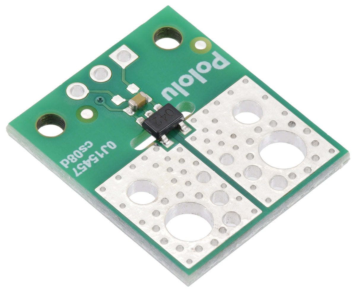 The ACS37042KLHBLT-030B3 Current Sensor Compact Carrier (-30A to +30A, 3.3V) features a green Pololu circuit board with metallic contacts, a small black chip, and visible electronic components.