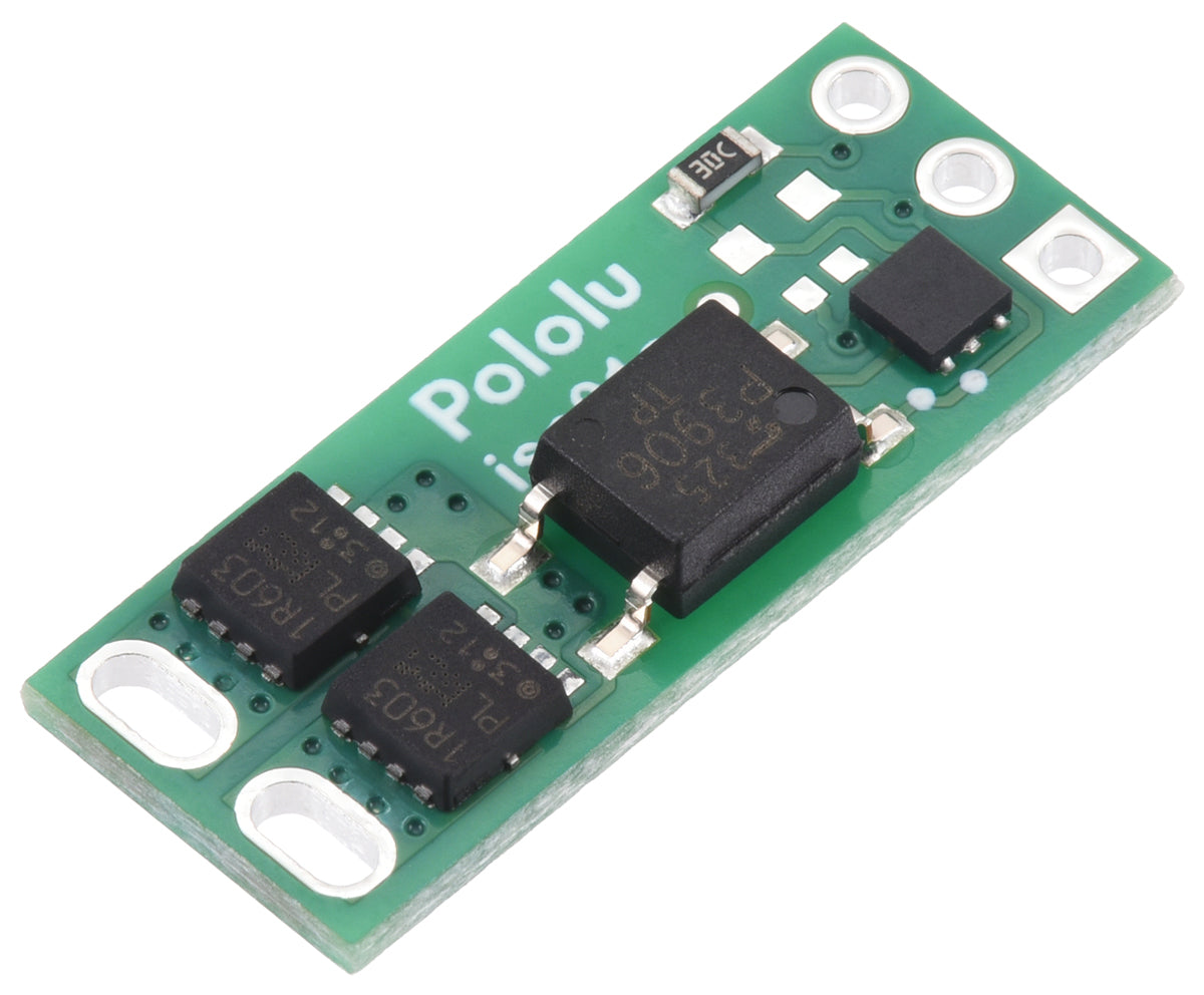 A Pololu Isolated Solid State Relay/Switch (SPST, 60V, 7A) – a small green circuit board featuring black and silver components.