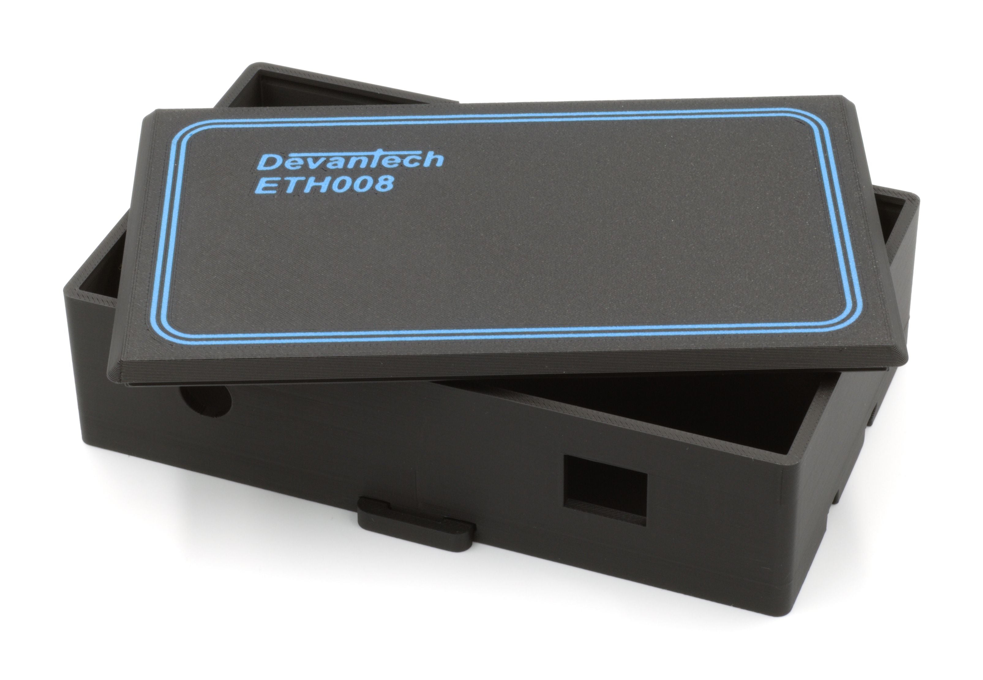 The ETH008C – Gehäuse für ETH008 is a black plastic case with a blue label, shown partially open to reveal its empty interior and mounting holes for secure installation of your ETH008 module.