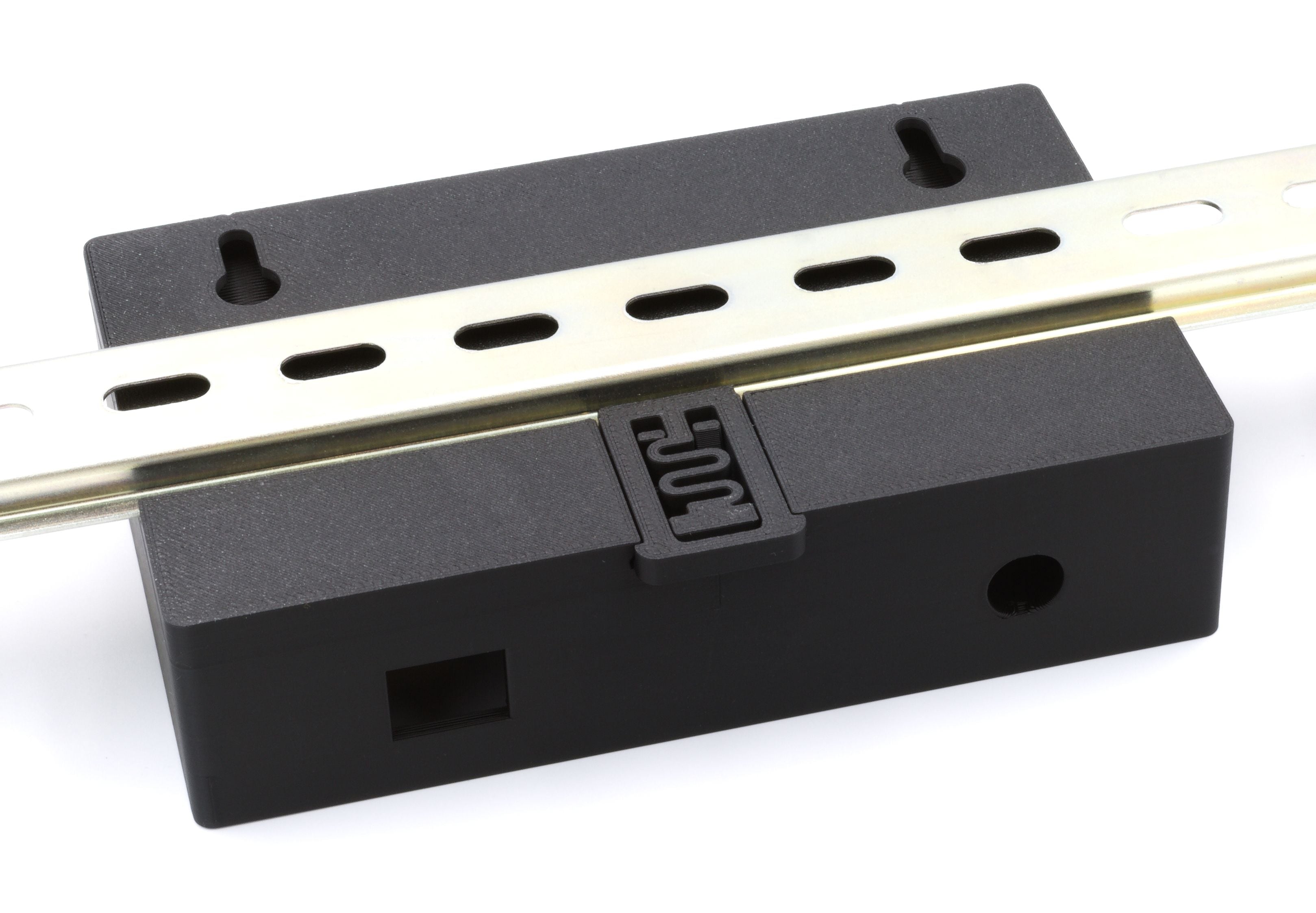The ETH008C - Gehäuse für ETH008 is a black plastic electrical enclosure with top-mounted DIN rail, mounting slots, cable entry holes, and compatibility with the ETH008 module or TH008 case.
