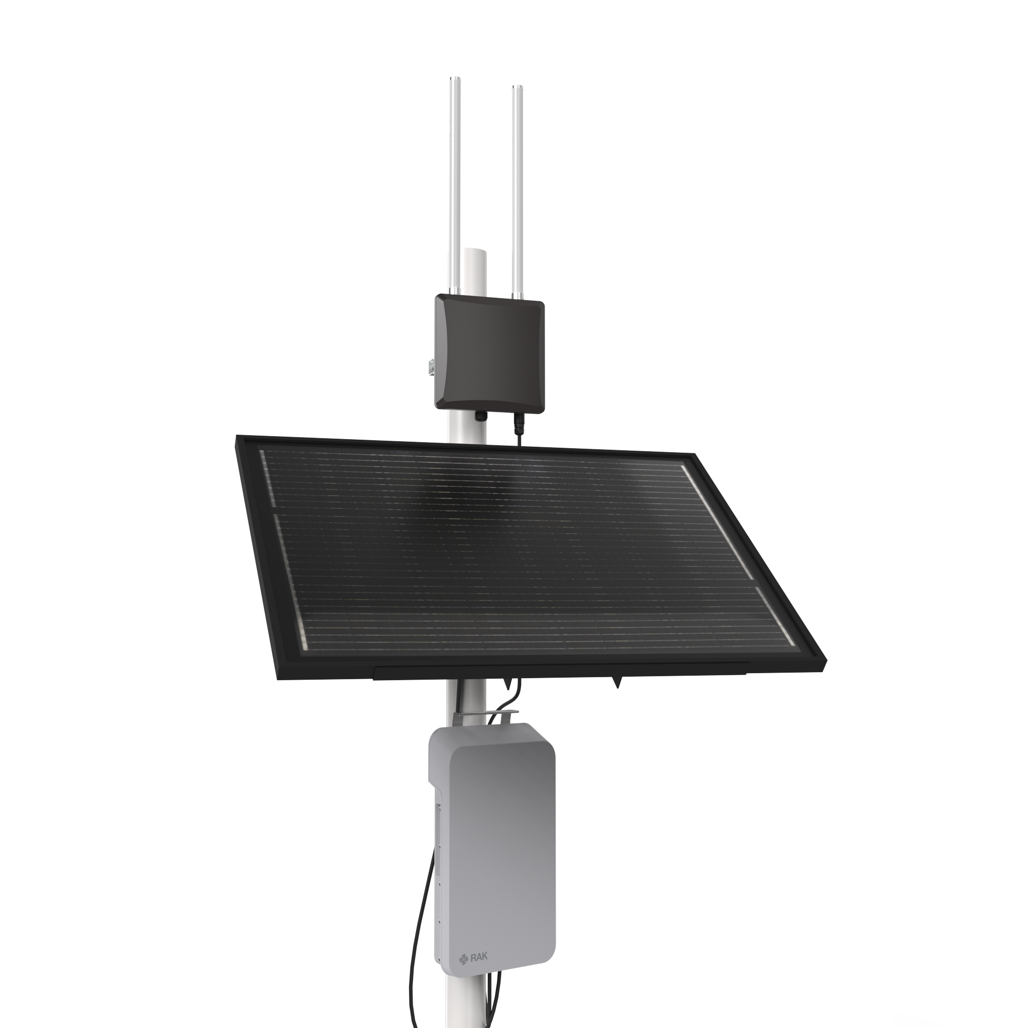 The RAK9155 RAK Battery Plus & Solar Kit features a pole-mounted solar panel with two control boxes, making it ideal for off-grid power or running an outdoor LoRaWAN gateway.