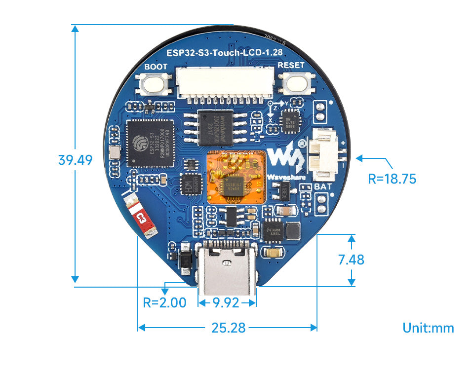 Waveshare ESP32-S3 Development Board, with 1.28" Round Touch LCD, Accelerometer And Gyroscope Sensor