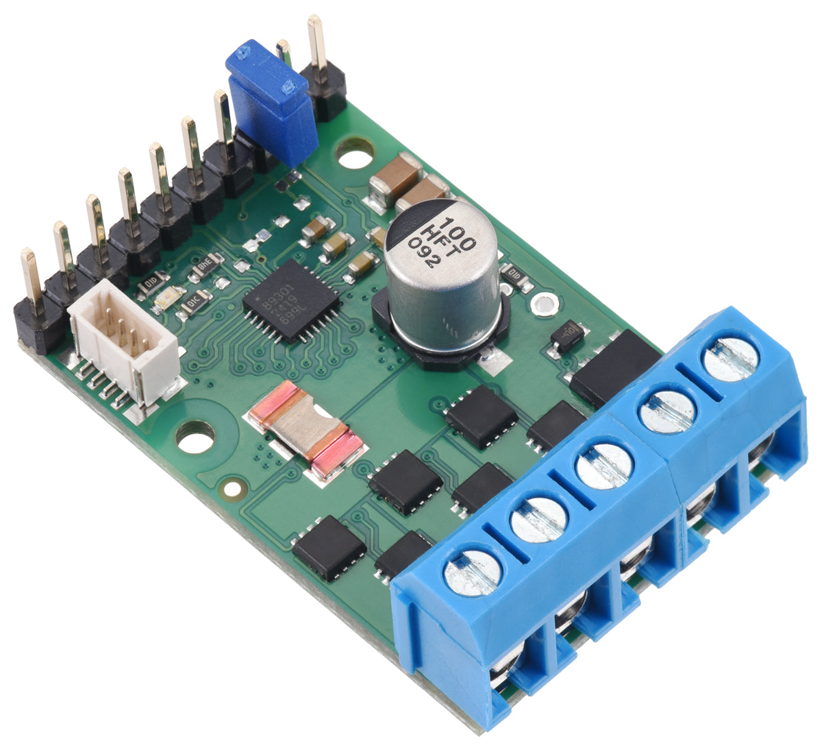 A green A89301-Based Sensorless Brushless Motor Controller with soldered connectors, blue screw terminals, and various electronic components.