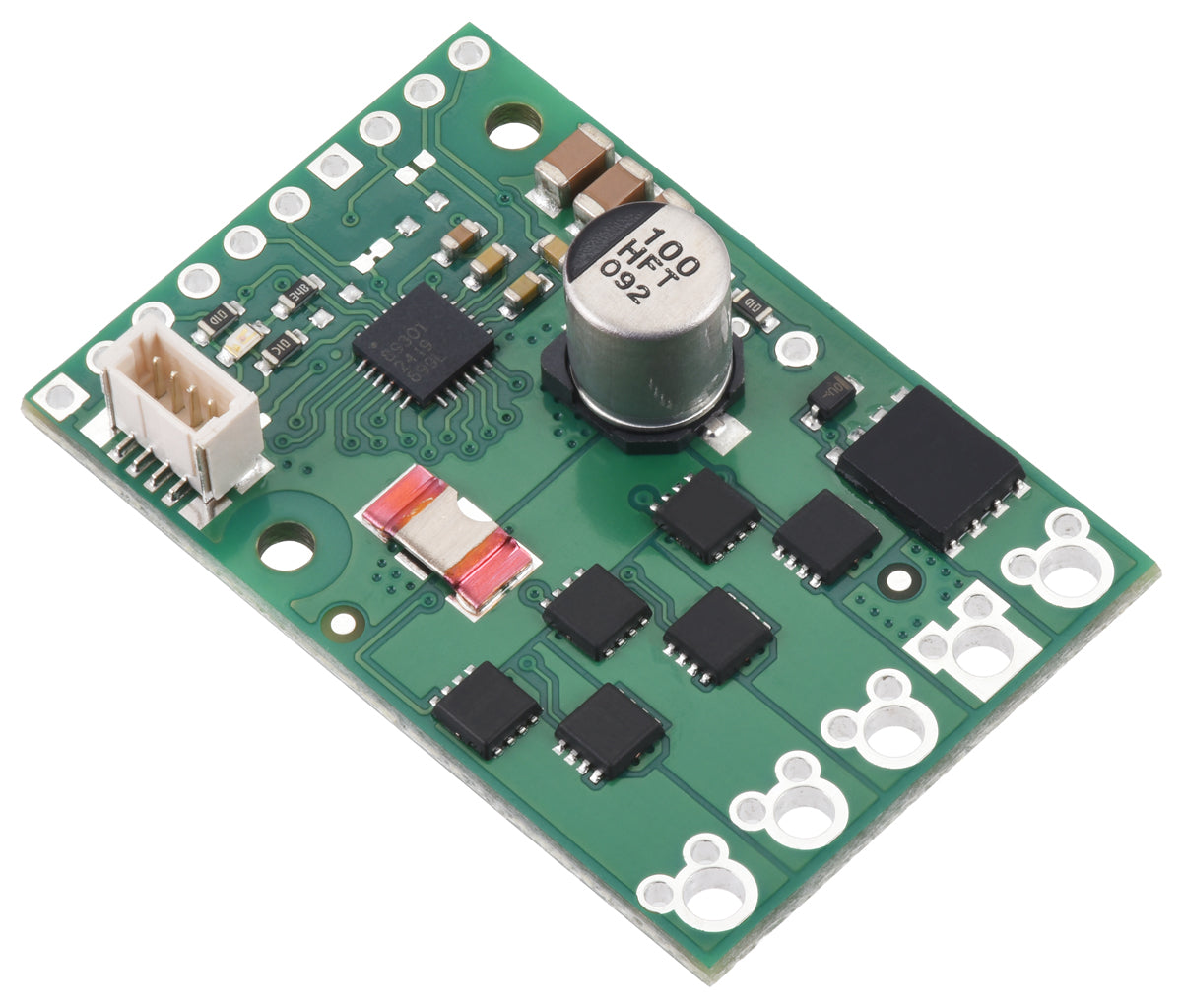 A89301-Based Sensorless Brushless Motor Controller featuring a green circuit board with electronic components such as a capacitor, chips, and connector pins.