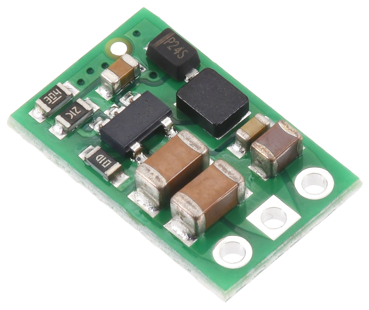 The 24V Step-Up Voltage Regulator U3V9F24 is a small green electronic circuit board featuring black and brown components with silver connectors.
