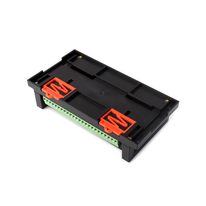Black rectangular electronic module with orange clips, green terminal block, and RS485—ideal as an Industrielles 8-Kanal Modbus-RTU Relaismodul (D) mit Digitaleingängen, galvanischer Trennung und Hutschienenmontage.
