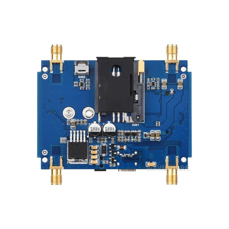 The Waveshare 5G-DONGLE-Erweiterungsboard features a USB 3.2-Anschluss, vier Antennen, SIM card slots, gold connectors, and M.2 Key B Schnittstelle for enhanced connectivity; 5G-Modul not included.