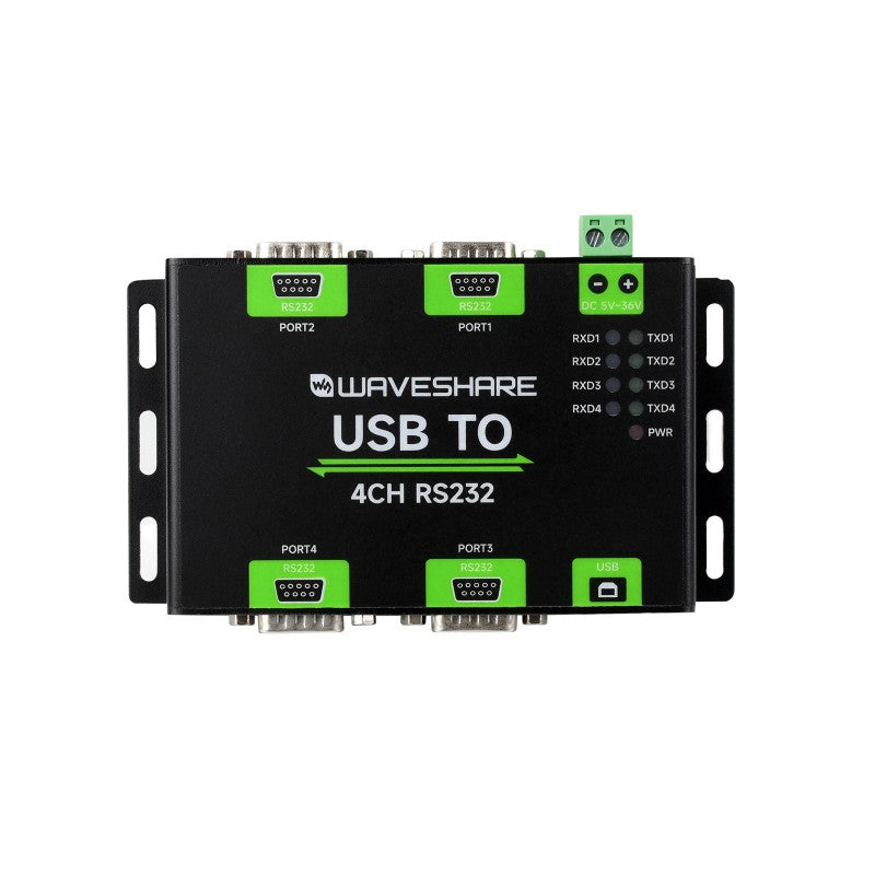 Schwarzer Waveshare Industrieller isolierter USB-zu-4-Kanal-RS232-Konverter mit Buchsenanschluss, vier gekennzeichneten Ports und Status-LEDs, von oben betrachtet.
