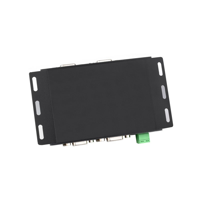 The Waveshare Industrieller isolierter USB-zu-4-Kanal-RS232-Konverter (Steckeranschluss) ist ein schwarzes, rechteckiges Modul mit seitlichen Montagewinkeln und diversen Anschlüssen am unteren Rand für zuverlässige serielle Industrieanwendungen.