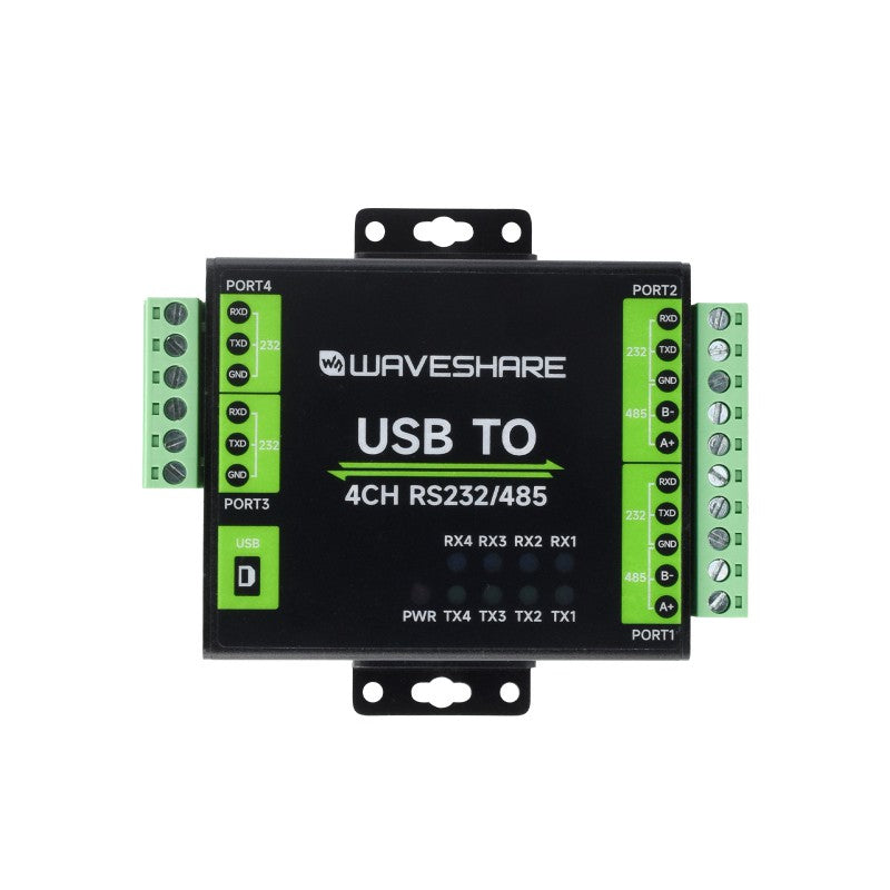 Waveshare Industrieller isolierter USB-zu-RS232/485-Konverter mit FT4232HL-Chip, isoliertem RS232/485, beschrifteten Ports und LED-Anzeigen.
