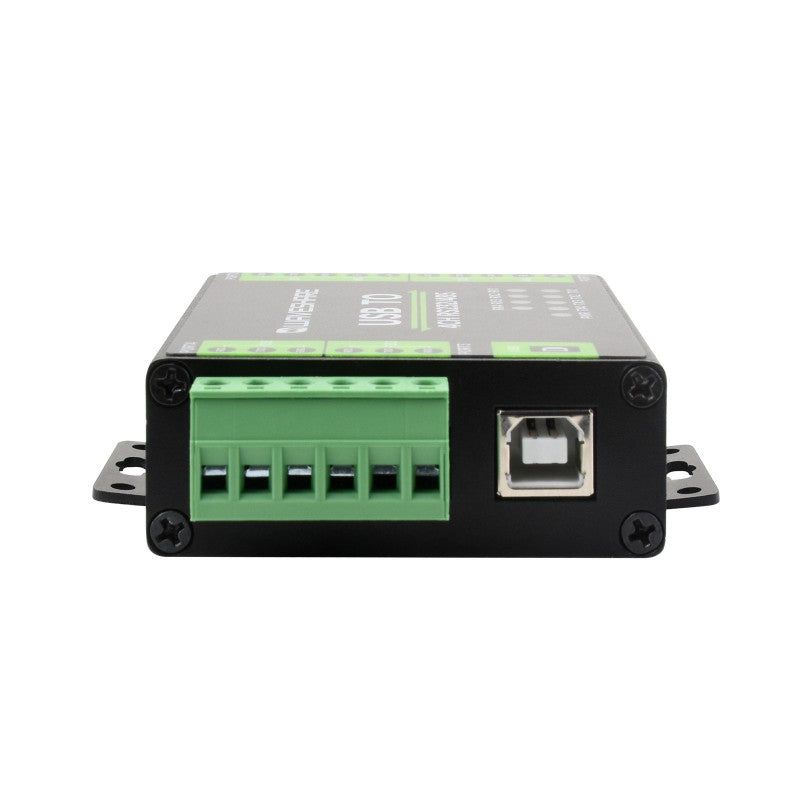 Front view of the Waveshare Industrieller isolierter USB-zu-RS232/485-Konverter in black and green with screw terminals, USB-B port, and isolated RS232/485 interface.