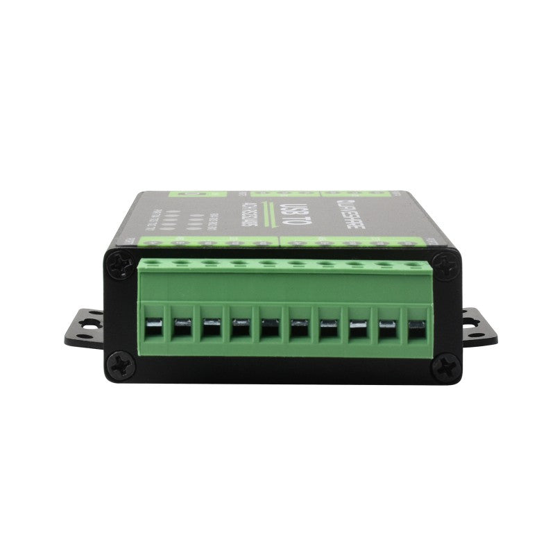 The Waveshare Industrieller isolierter USB-zu-RS232/485-Konverter is a black and green controller box with eight forward-facing terminal ports, featuring an FT4232HL chip for reliable industrial connectivity.