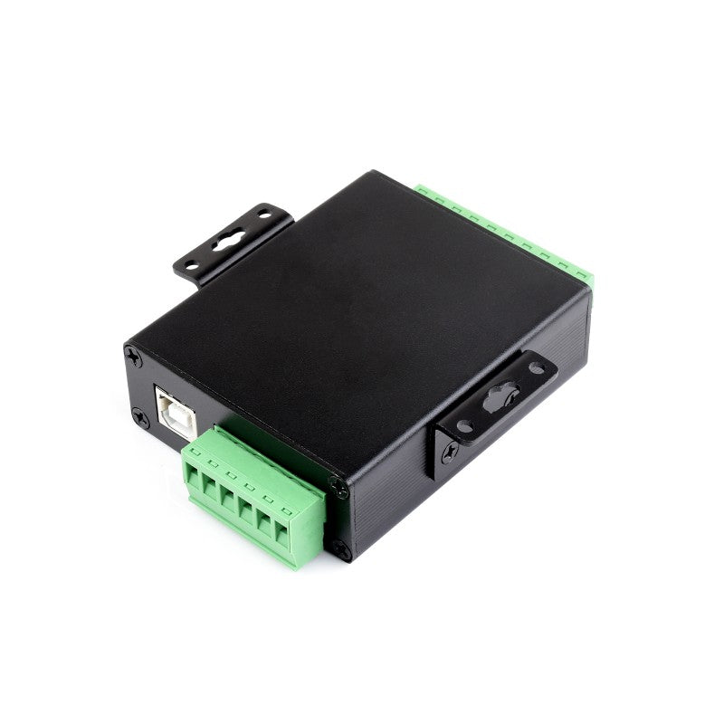 The Waveshare Industrieller isolierter USB-zu-RS485/422-Konverter is a black device with green terminal connectors, a USB port, and an FT4232HL chip, designed for industrial and automation applications.