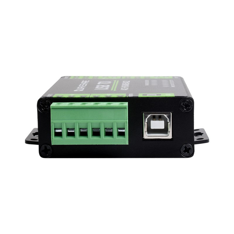 The Waveshare Industrieller isolierter USB-zu-RS485/422-Konverter features a black controller box with green terminal connectors and a USB-B port, using an FT4232HL chip for reliable data communication.