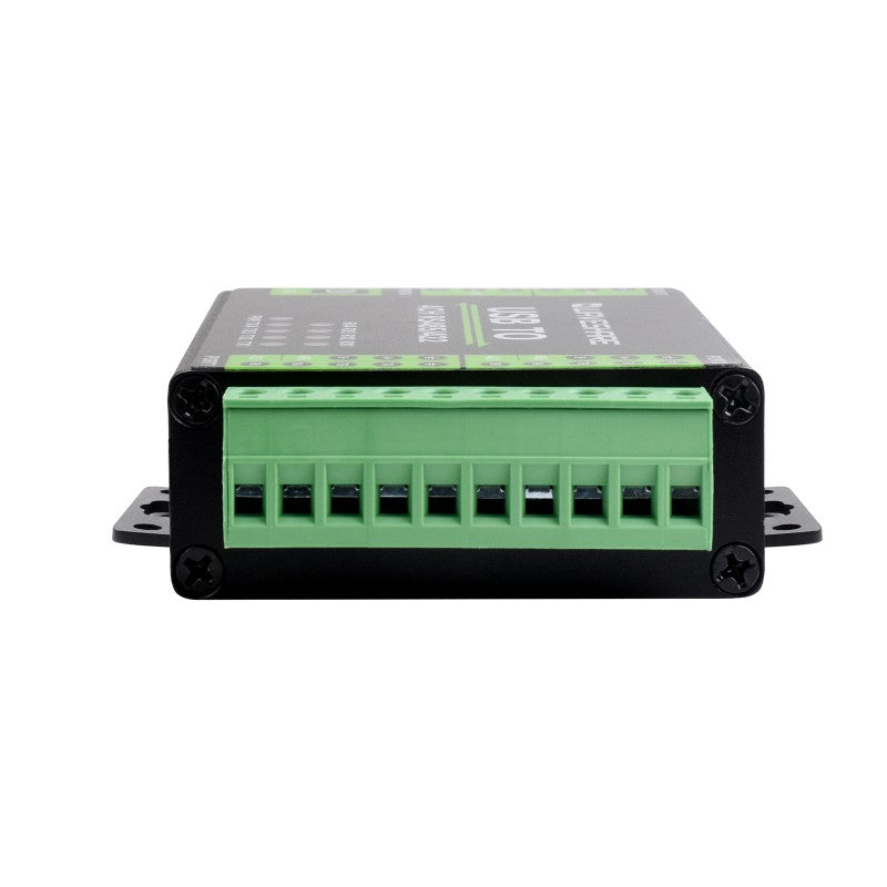 Black and green electronic terminal block with screw terminals, compatible with the Waveshare Industrieller isolierter USB-zu-RS485/422-Konverter, front view on a white background.
