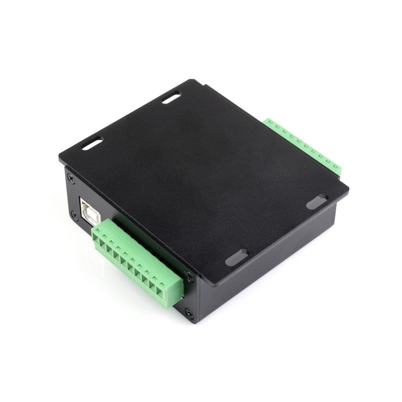The Waveshare Industrieller USB-zu-4-Kanal-Seriell-Konverter is a black electronic module with green terminal blocks, a side USB port, and an FT4232HL chip for reliable serial conversion.